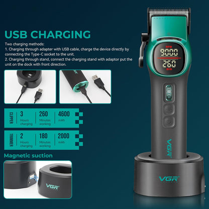 VGR V-885 S2 Set 2 në 1 me Clipper dhe Trimmer, motor BLDC deri 9000 RPM, bateri 4600/2000 mAh dhe deri 260/180 minuta punë