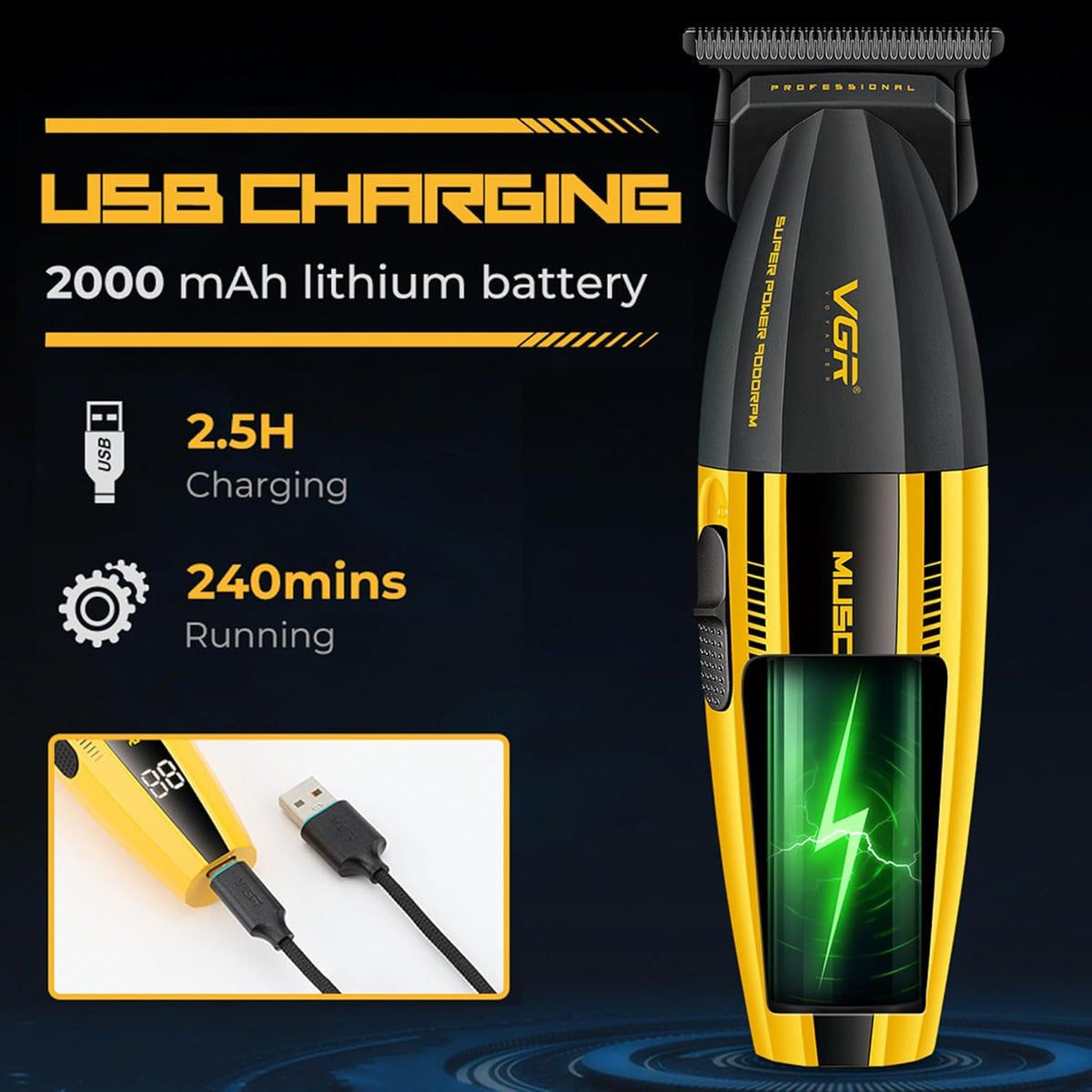 VGR V-285T Professional Makine e Vogel me Teh T, 9000 RPM, Bateri 2000mAh dhe 3 Krehëra Udhëzues – Makinë Qethjeje, pamja 4