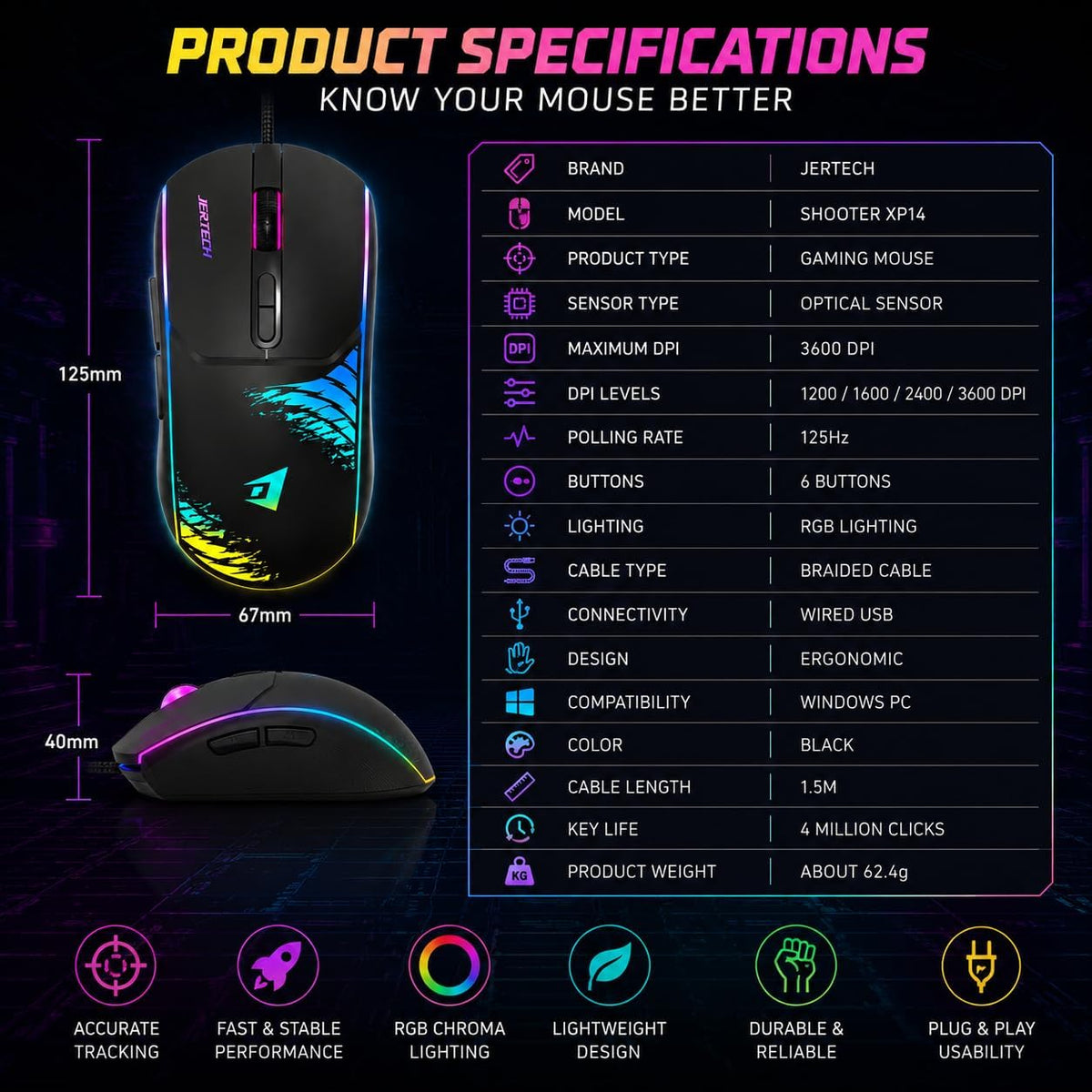Jertech XP13 Guns Maus Gaming me Kabllo, 3600 DPI dhe LED RGB