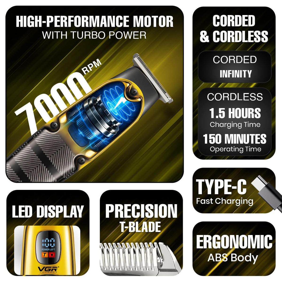 VGR V-981 Makinë e vogël profesionale me teh T inox, motor Turbo 7000 RPM, bateri 600 mAh dhe 150 – Makinë Qethjeje, pamja 2