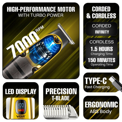 VGR V-981 Makinë e vogël profesionale me teh T inox, motor Turbo 7000 RPM, bateri 600 mAh dhe 150 minuta punë