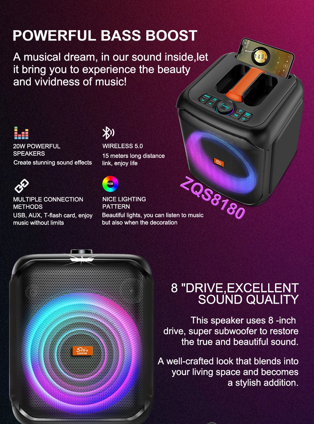 ZQS8180 Zmadhues Zëri Bluetooth Portativ 8 Inç me Mikrofon Wireless, Drita shumëngjyrëshe, TWS dhe Karikim Type-C
