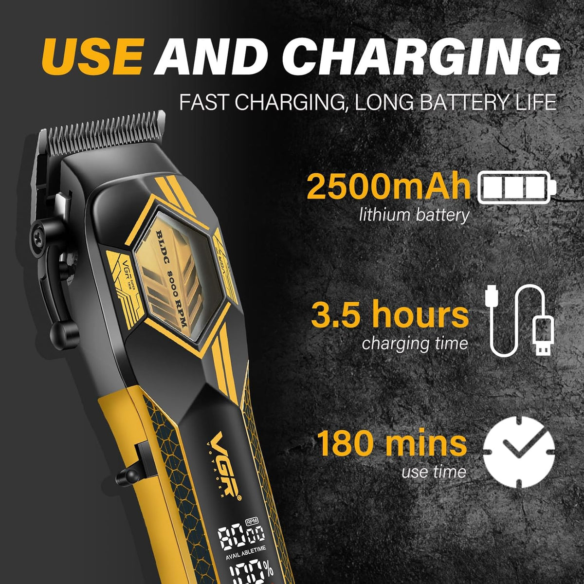 Vgr V-119 Makine e madhe Profesionale me Motor Bldc 8000 RPM, Tehe Qeramike, LED Display dhe 6 – Makinë Qethjeje, pamja 3