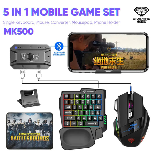 5-in-1 Mobile Game Combo Pack – Seti Kompletuar për Lojërat Mobile me RGB Keyboard, Maus, Konvertues dhe Mbajtës Telefonik