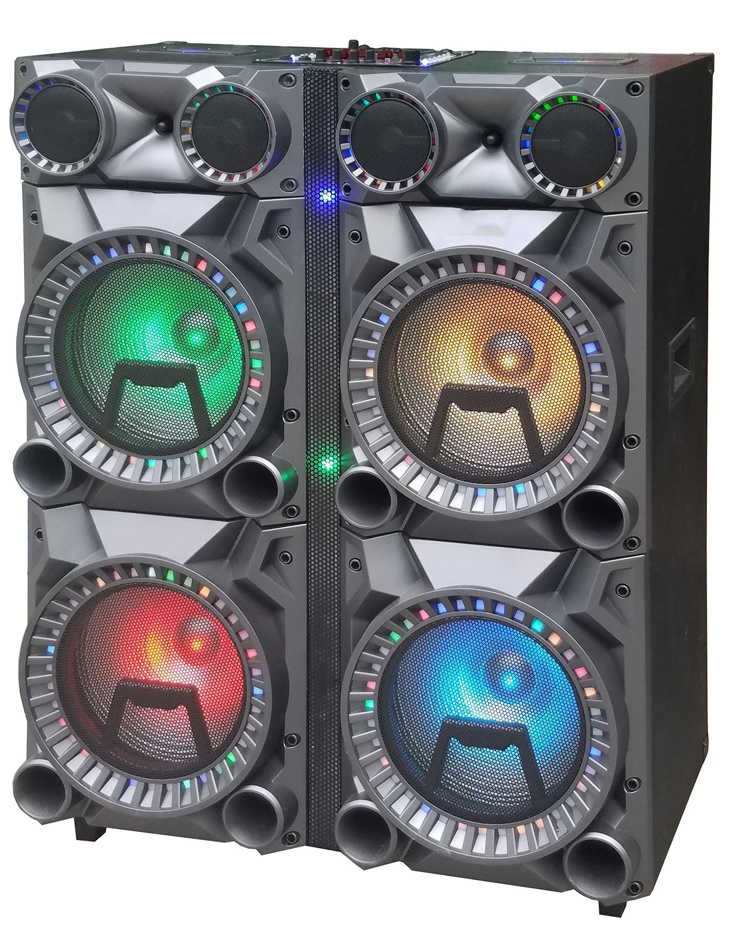 QFX SBX-608 Zmadhues Zëri Profesional  me Bluetooth, Katër Altoparlantë 12 Inç, USB/SD, FM, 2 Hyrje Mikrofoni dhe Drita RGB LED
