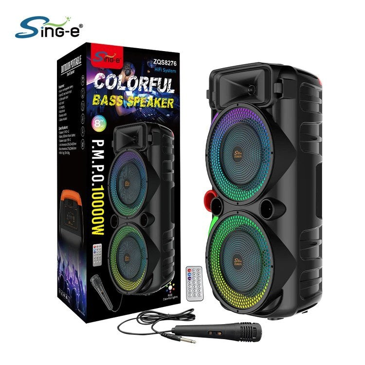 Sing-e ZQS8275 Colorful Bass Speaker me Bluetooth, 2x8” Woofer, RGB Lights, Mikrofon dhe Telekomandë