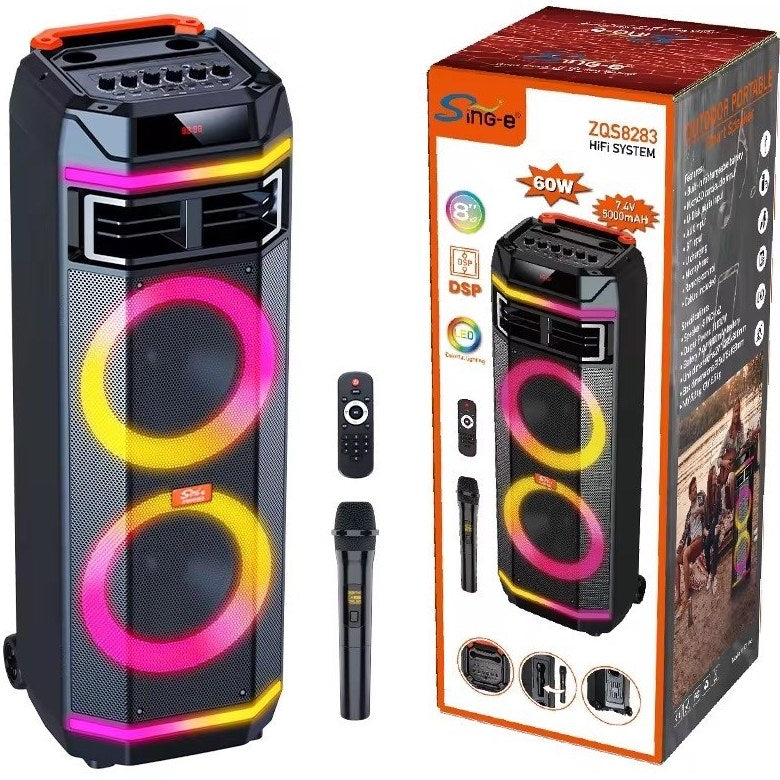 SING-E ZQS8283 Zmadhues Zëri Bluetooth Portativ me Dy Altoparlantë 8 Inç, Mikrofon Wireless, Drita RGB LED dhe Trolley