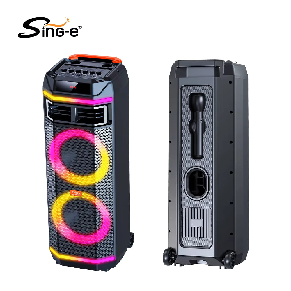 SING-E ZQS8283 Zmadhues Zëri Bluetooth Portativ me Dy Altoparlantë 8 Inç, Mikrofon Wireless, Drita RGB LED dhe Trolley