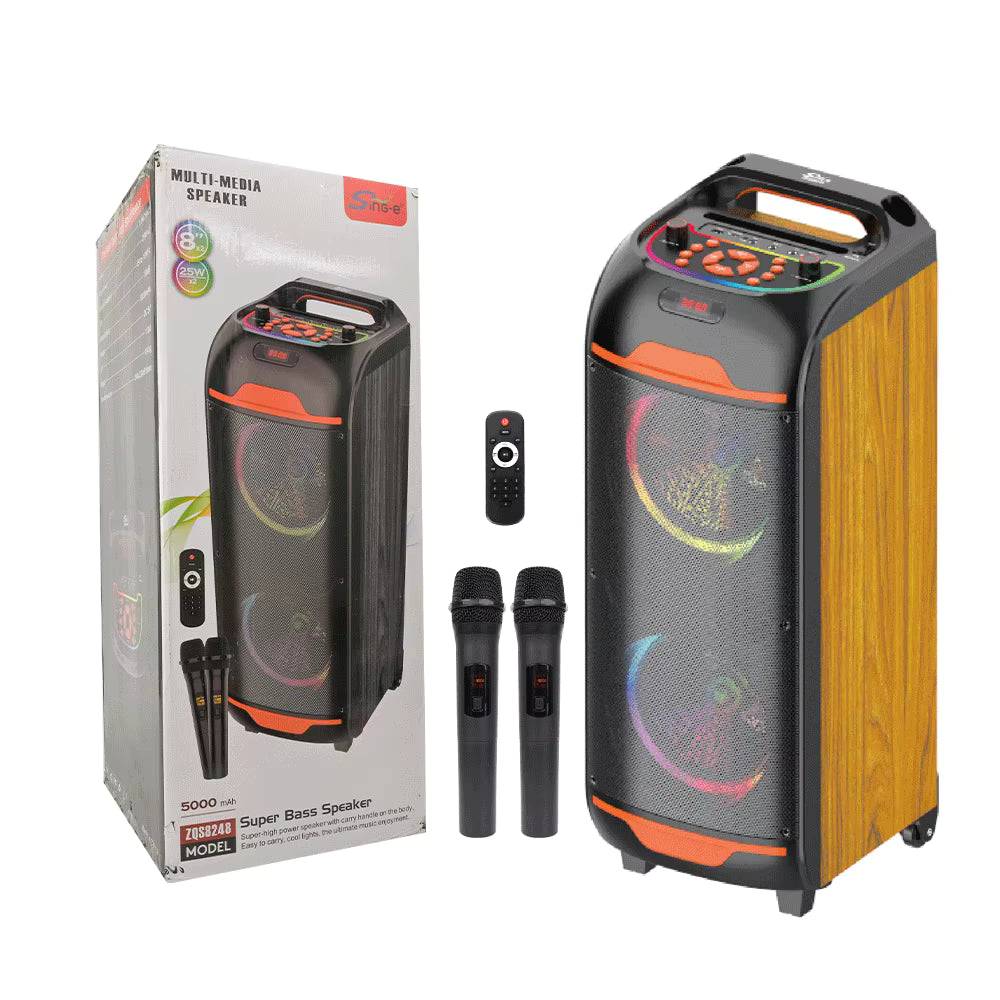SING-E ZQS8248 Zmadhues Zëri Bluetooth Karaoke me Dy Mikrofona Wireless, Dy Altoparlantë 8 Inç, Trolley dhe Drita RGB LED
