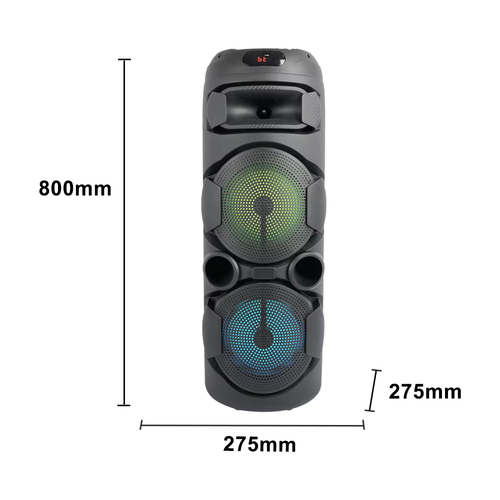 Black portable speaker with dimensions labeled on a white background