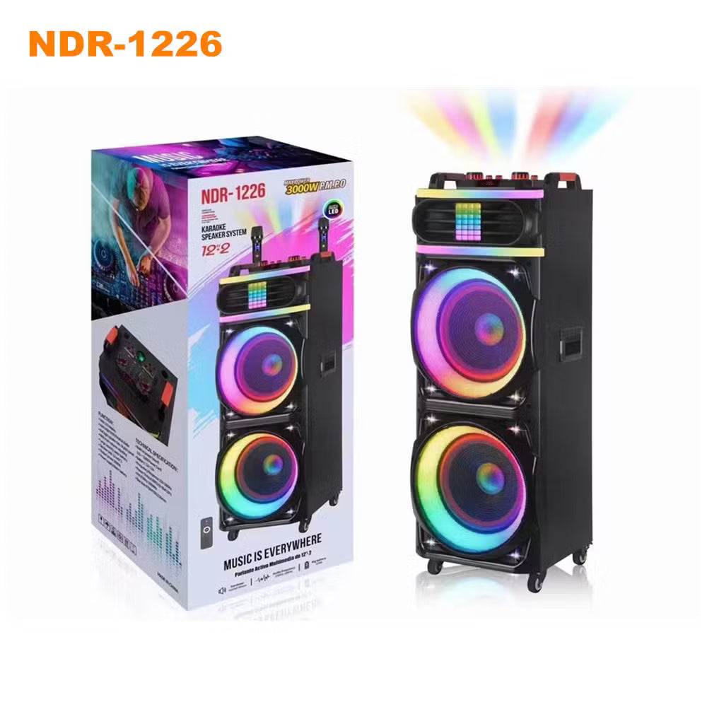 NDR-1226 Altoparlant Bluetooth Karaoke 100W, 2x12", 2 Mikrofona Wireless, RGB LED, TWS, USB, TF dhe FM Radio