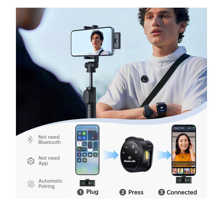 Treqa MIC-3 Wireless Mini Microphone me Noise Cancellation, Set me 2 Mikrofona Lavalier pa Tela për Type-C dhe Lightning