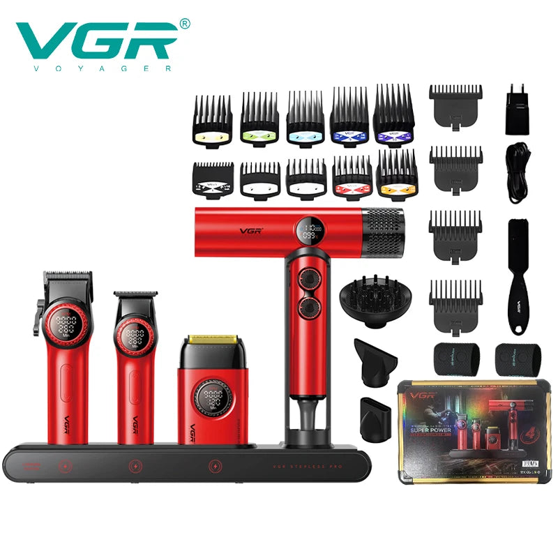 VGR Stepless Pro 4 in 1 Professional Grooming Set me Makine të Madhe, Makine të Vogël, Valak dhe Tharëse Flokësh, pamja 3