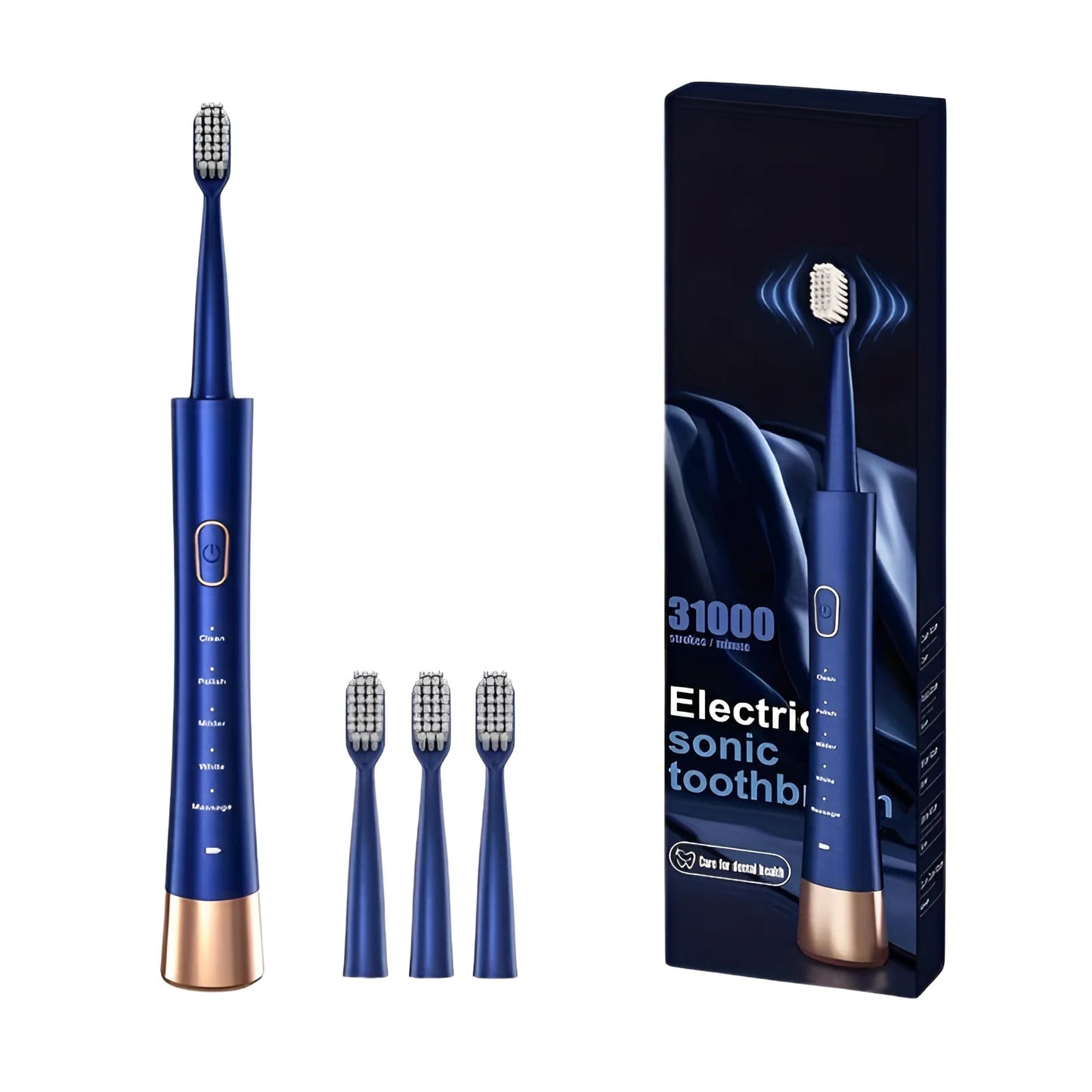 Furçë Elektrike Sonic për Dhëmbë IPX7 Waterproof me 5 Modalitete, Karikim të Shpejtë 2 Orë, 3 Koka Furçe dhe Kujtues Inteligjent Kohe, Blu