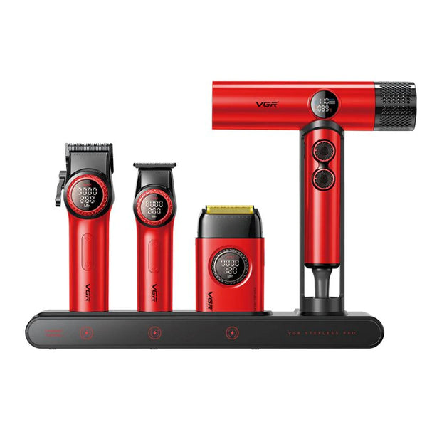 VGR Stepless Pro 4 in 1 Professional Grooming Set me Makine të Madhe, Makine të Vogël, Valak dhe Tharëse Flokësh
