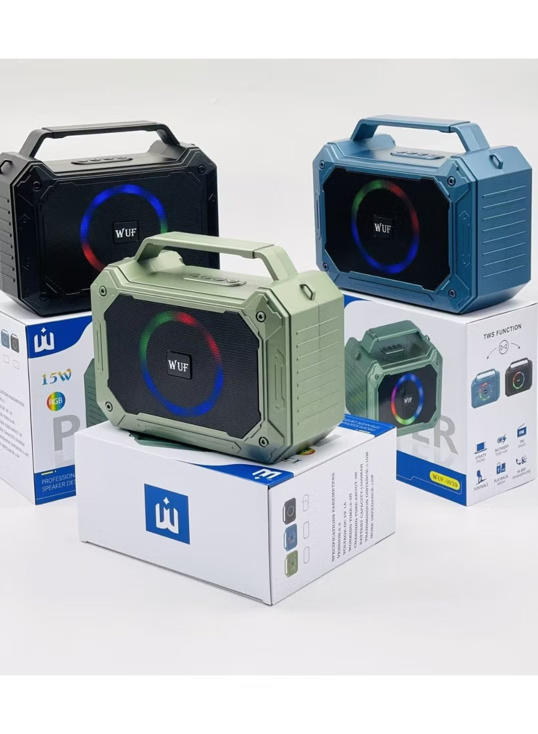 Wuf W39 Altoparlant Portativ Wireless 15W me Bluetooth 5.3, RGB, FM Radio, USB, TF dhe Aux – Zmadhues Zëri Bluetooth, pamja 2