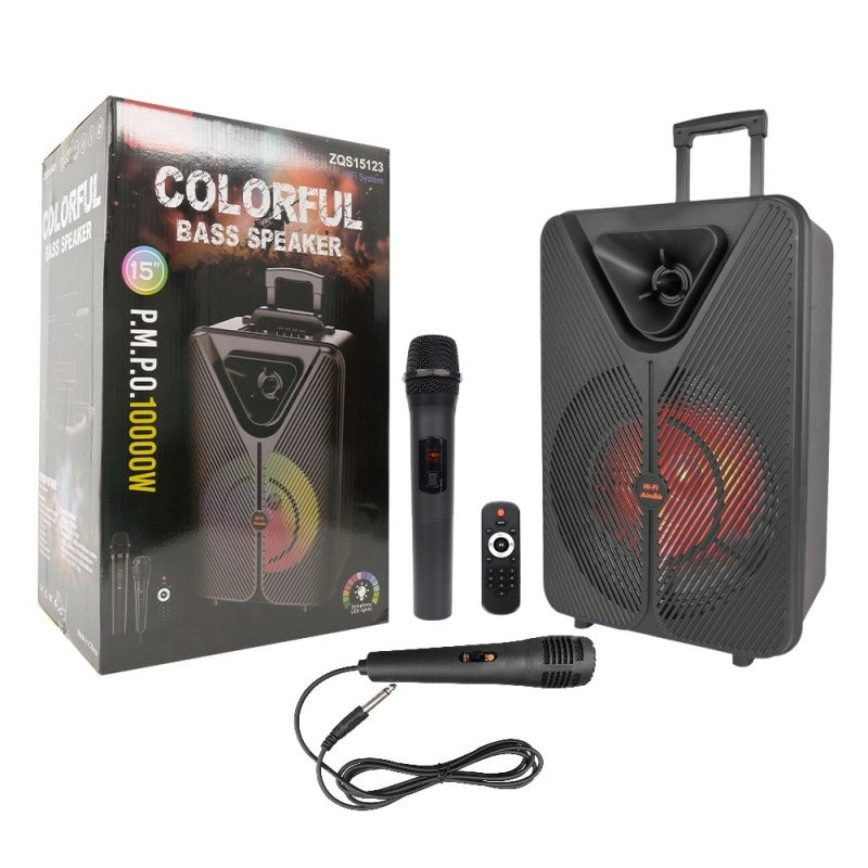 ZQS15123 Zmadhues Zëri Bluetooth Portativ 15 Inç me TWS, Drita shumëngjyrëshe, Ekran LED dhe Radio FM