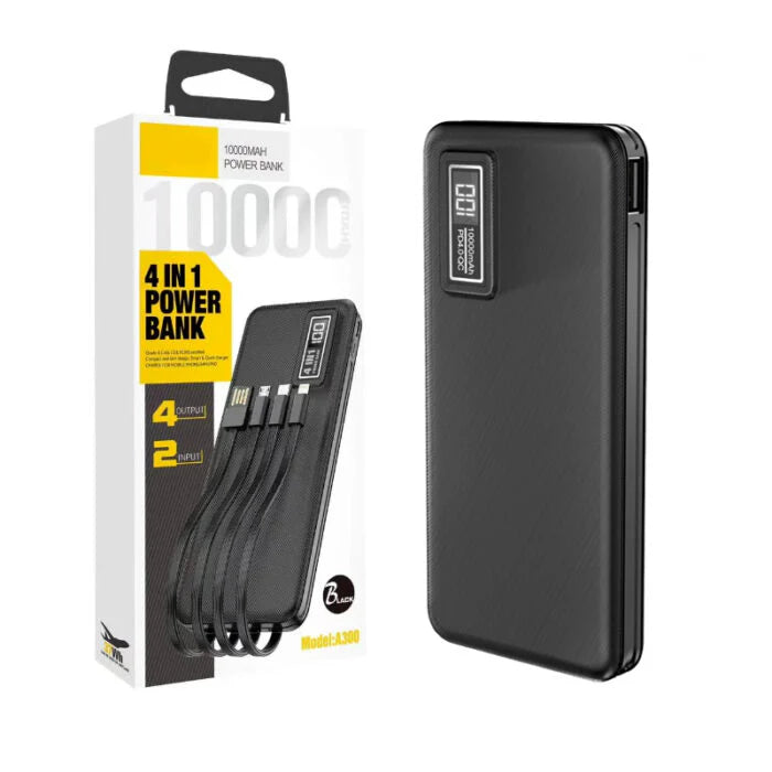 Aspor A300 Power Bank 10000mAh me 4 Kabllo të Integruara, Ekran LED dhe Karikim të Shpejtë