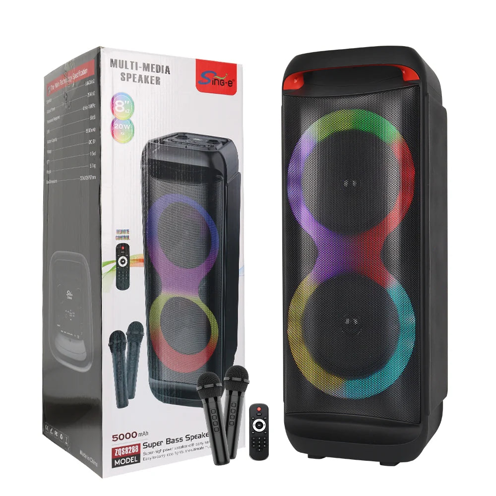 Sing-e Zqs8288 Zmadhues Zëri Karaoke me Bluetooth, Dy Altoparlantë 8”, RGB dhe TWS