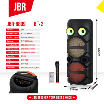 JBR-8809 Zmadhues Zëri Bluetooth 20W me Dy Wooferë 8”, Mikrofon Pa Tela dhe Drita LED