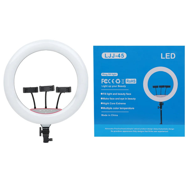 LJJ-45 Ndriçues LED Unazor 18 inç me 3 Mbajtëse Telefoni dhe Ndriçim të Rregullueshëm