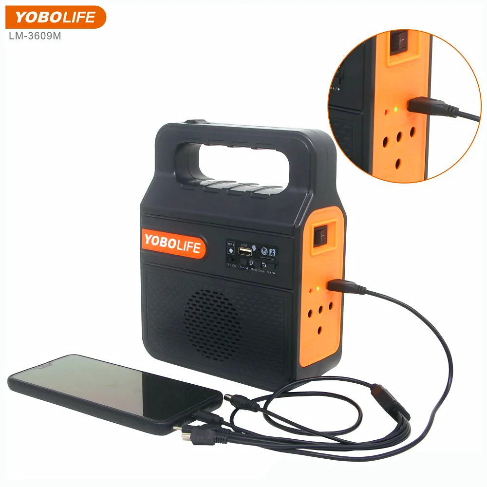 YOBOLIFE LM-3609M Sistem Ndriçimi Solar 10W me 2 Llamba LED, Power Bank dhe Bluetooth