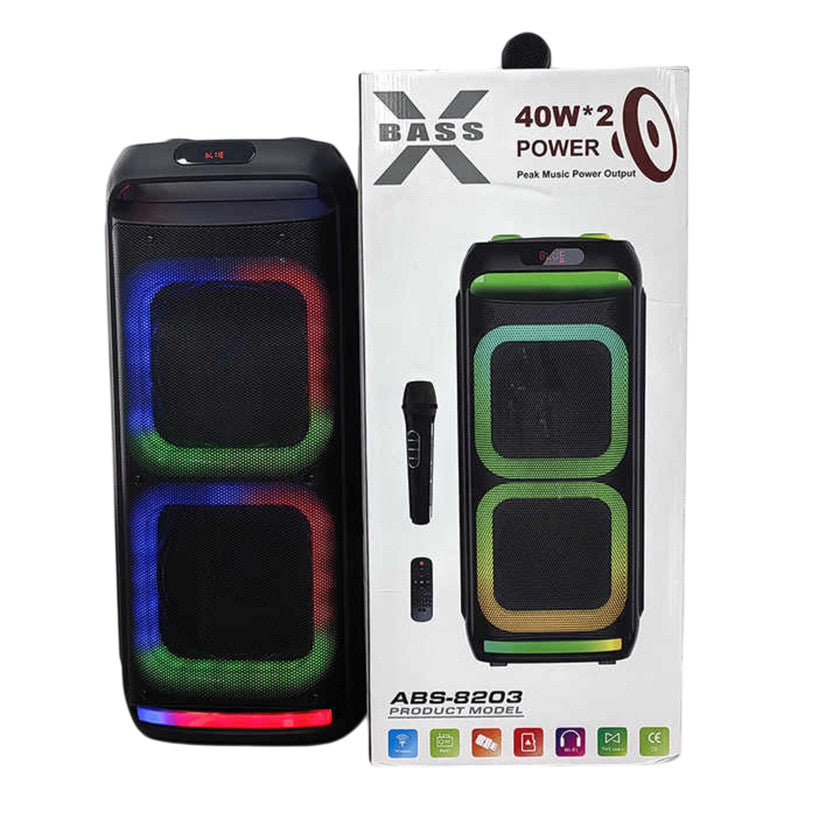 ABS-8203 Popular Dual Microphone Bluetooth Speaker me Drita LED Shumëngjyrëshe 2x40W – Zmadhues Zëri Bluetooth, pamja 2