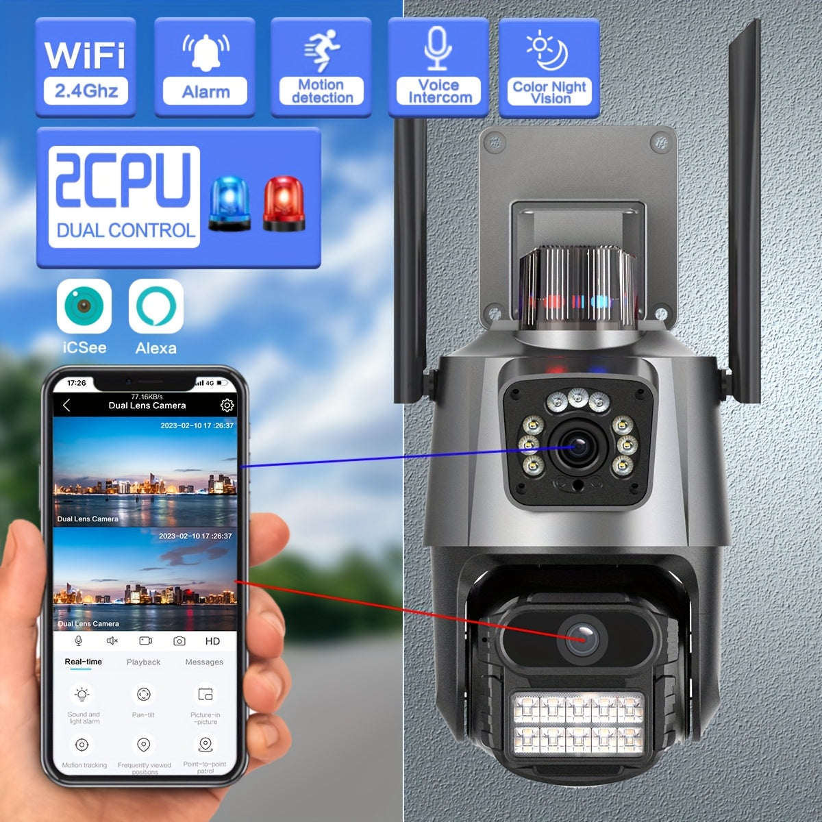 Kamerë Sigurie e Jashtme Outdoor WiFi 4K 8MP HD PTZ Camera Dual Screen iCSee, pamja 2