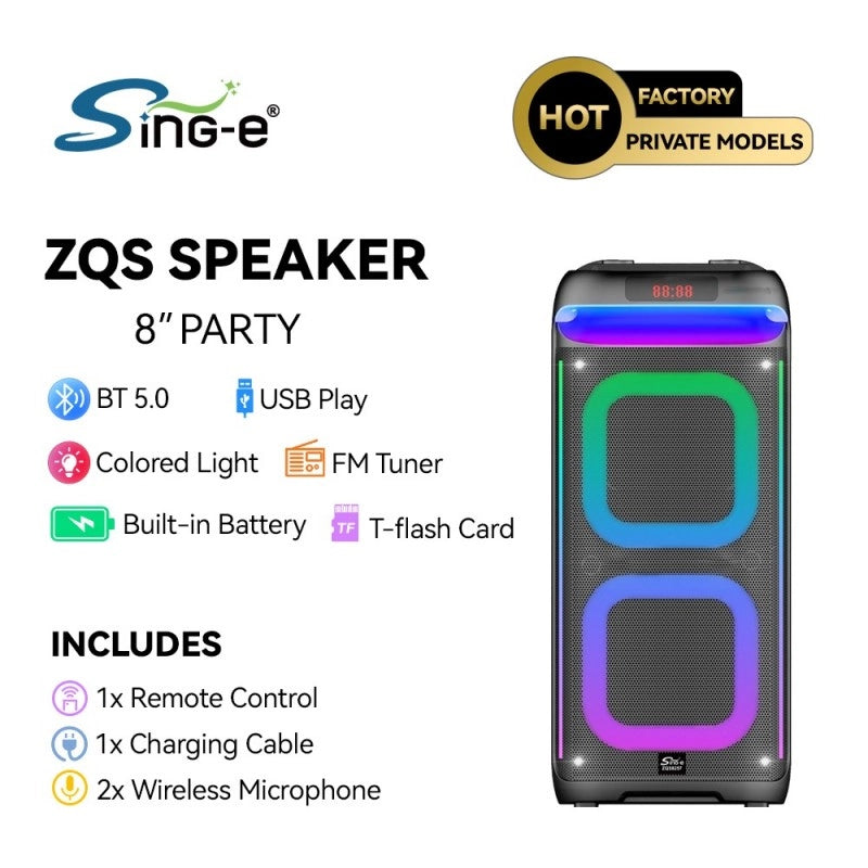 SING-E ZQS8257 Zmadhues Zëri Bluetooth Karaoke me Dy Mikrofona, TWS, Drita shumëngjyrëshe dhe Tingull Stereo
