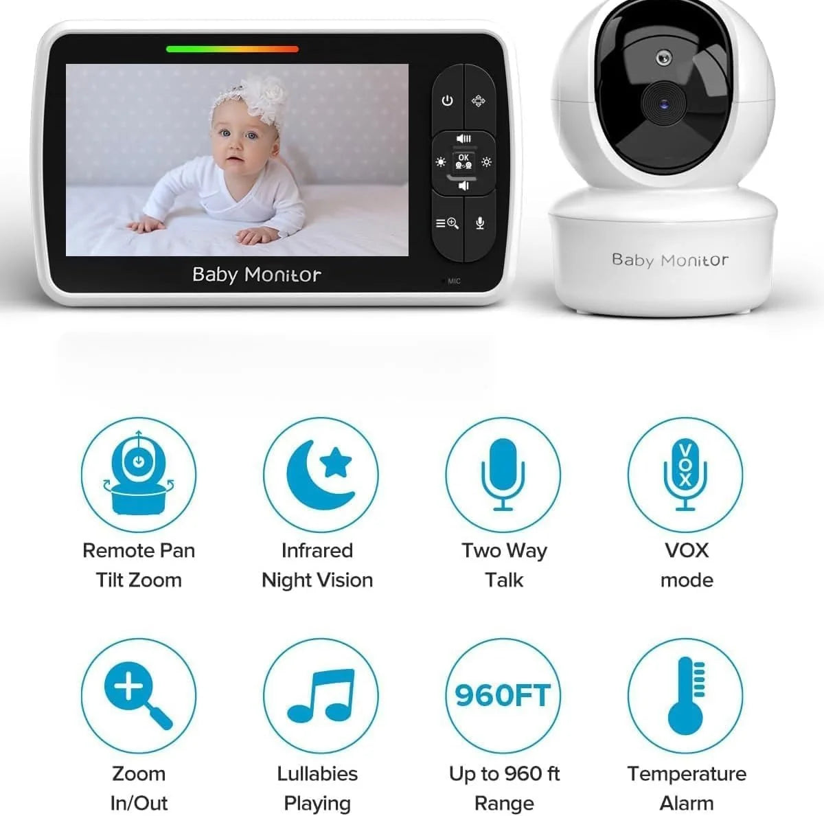 Baby Monitor SM530A 5” HD 720P me Kamerë PTZ, Night Vision, Two-Way Audio, VOX dhe Bateri 4000mAh