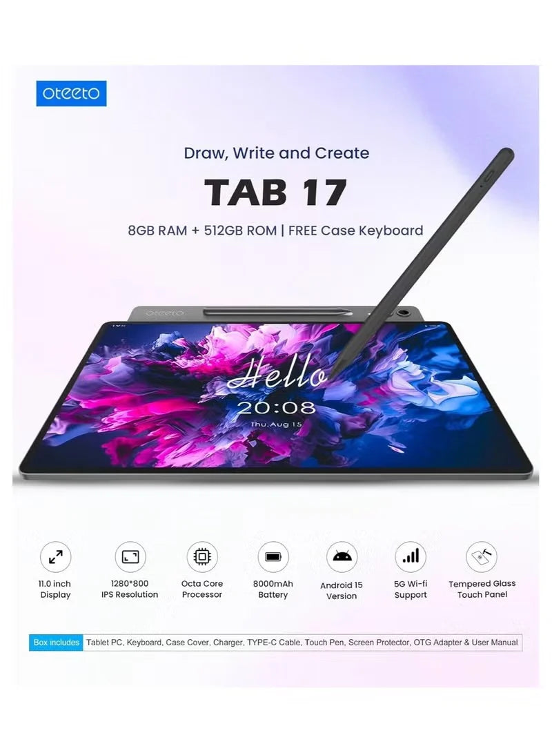 Oteeto TAB 17 Tablet Android 15 11″, 8GB RAM, 512GB, Tastierë dhe Laps