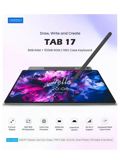 Oteeto TAB 17 Tablet Android 15 11″, 8GB RAM, 512GB, Tastierë dhe Laps