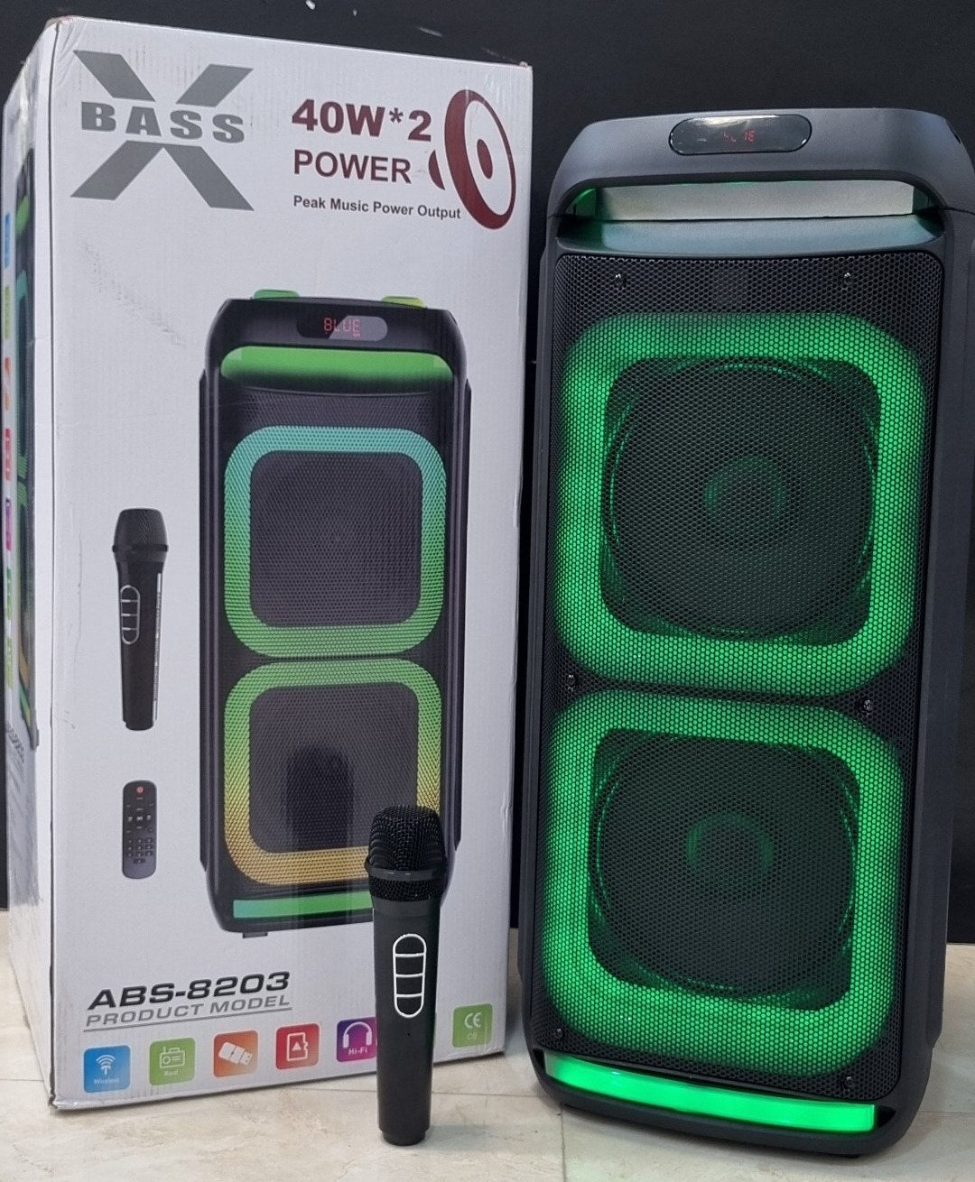 ABS-8203 Popular Dual Microphone Bluetooth Speaker me Drita LED Shumëngjyrëshe 2x40W – Zmadhues Zëri Bluetooth, pamja 4