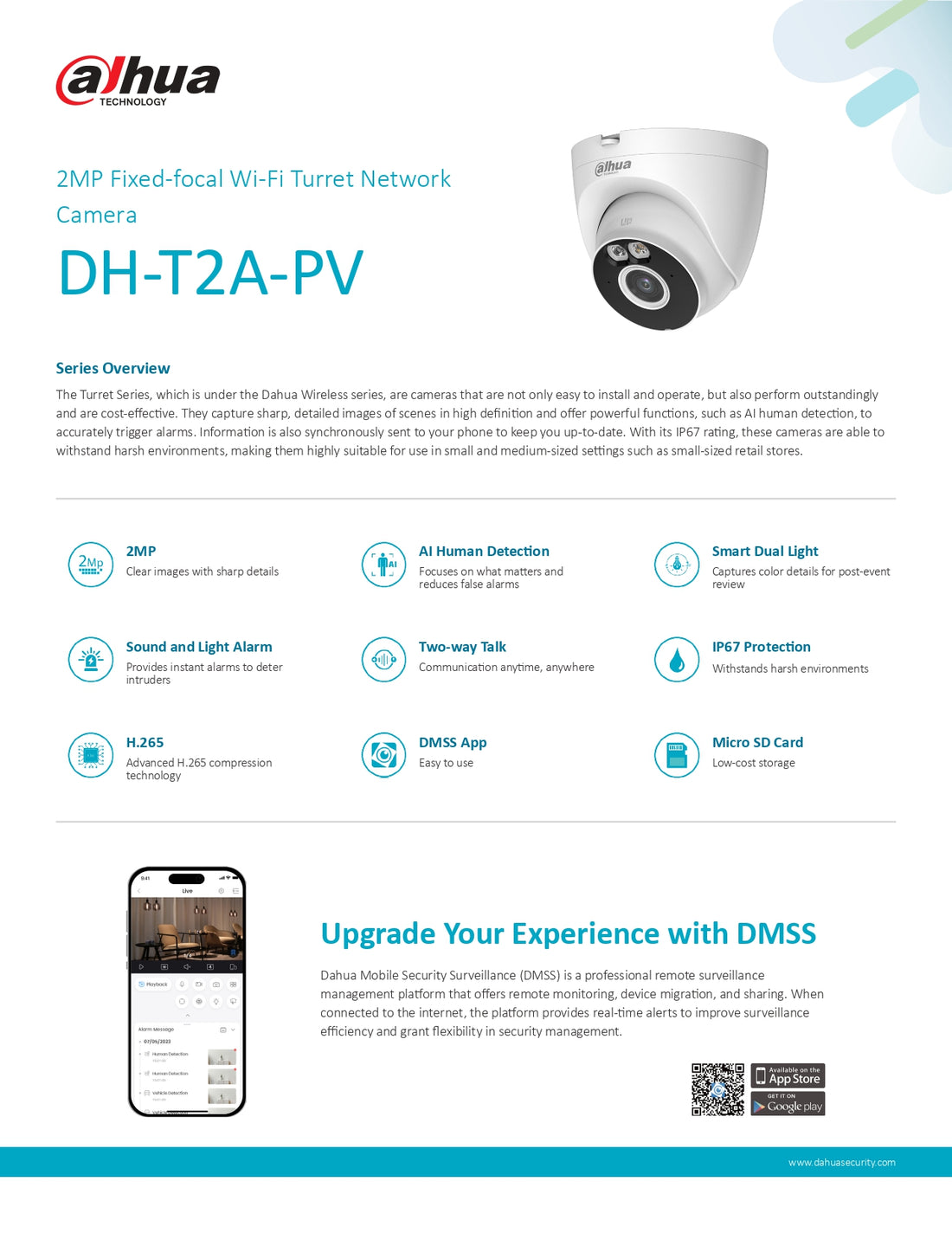 Dahua DH-T2A-PV Kamerë Wi-Fi 2MP me Smart Dual Light, Audio Dykahëshe dhe 32GB Falas