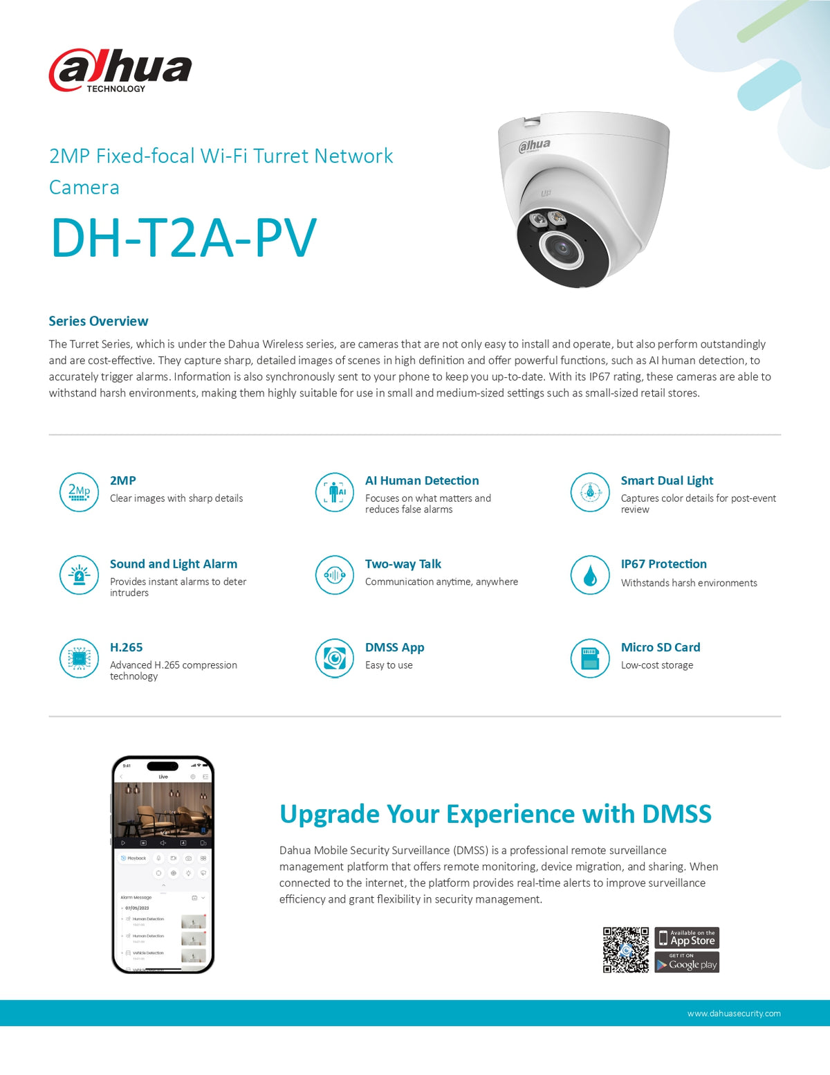 Dahua DH-T2A-PV Kamerë Wi-Fi 2MP me Smart Dual Light, Audio Dykahëshe dhe 32GB Falas